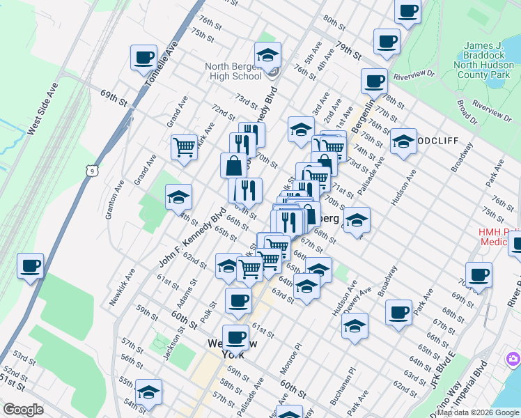 map of restaurants, bars, coffee shops, grocery stores, and more near 6714 Jackson Street in Guttenberg