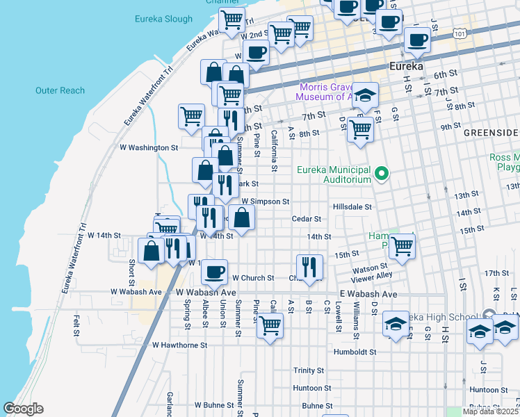 map of restaurants, bars, coffee shops, grocery stores, and more near 1215 Pine Street in Eureka
