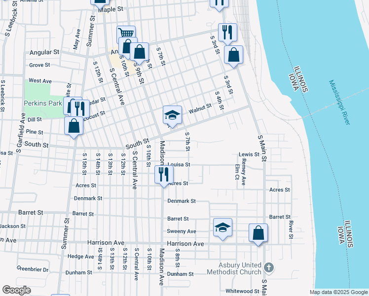 map of restaurants, bars, coffee shops, grocery stores, and more near 1313 South 7th Street in Burlington