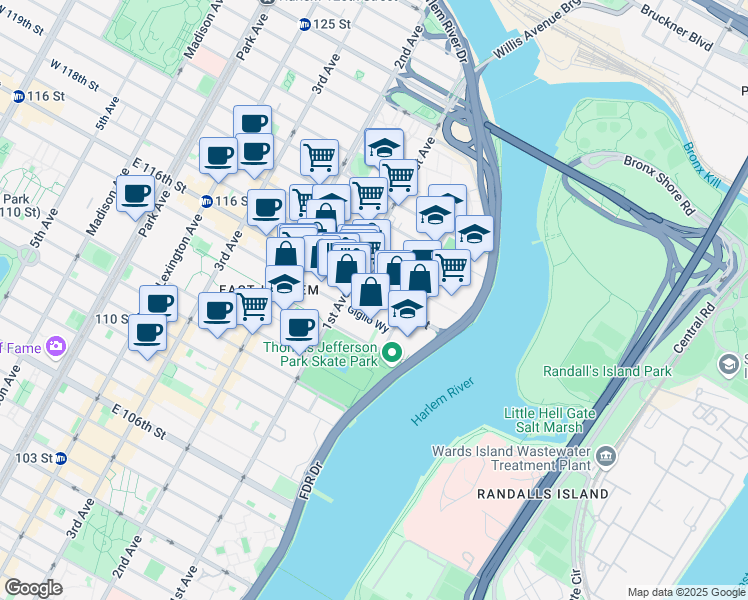 map of restaurants, bars, coffee shops, grocery stores, and more near 428 East 116th Street in New York