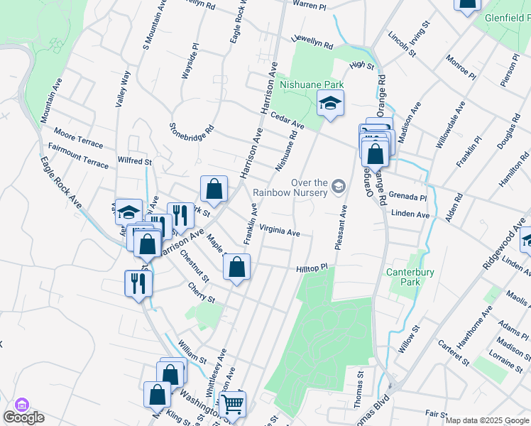 map of restaurants, bars, coffee shops, grocery stores, and more near 62 Nishuane Rd in Montclair