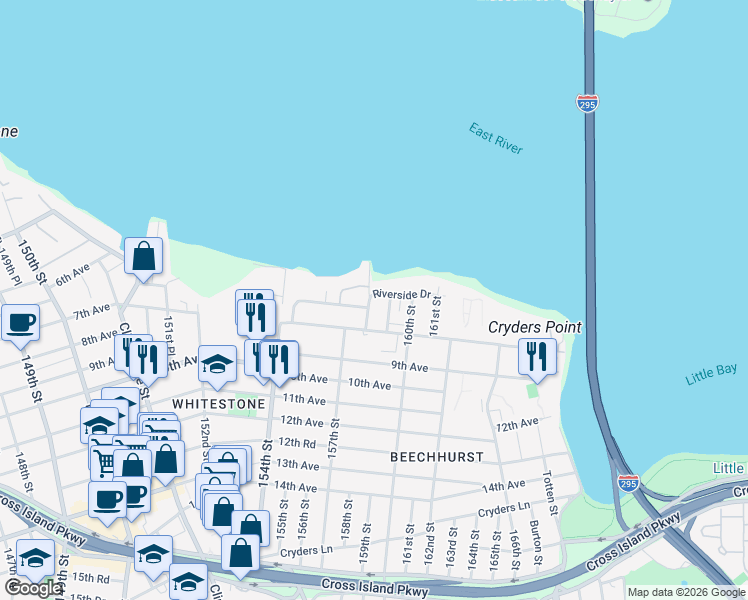 map of restaurants, bars, coffee shops, grocery stores, and more near 158-02 Riverside Drive in Queens
