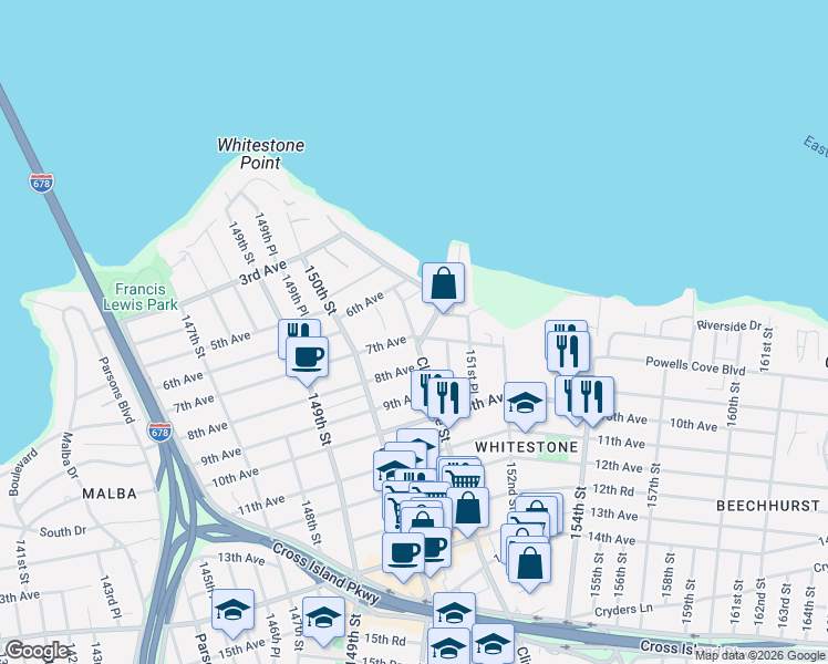 map of restaurants, bars, coffee shops, grocery stores, and more near 6-53 Clintonville Street in Queens