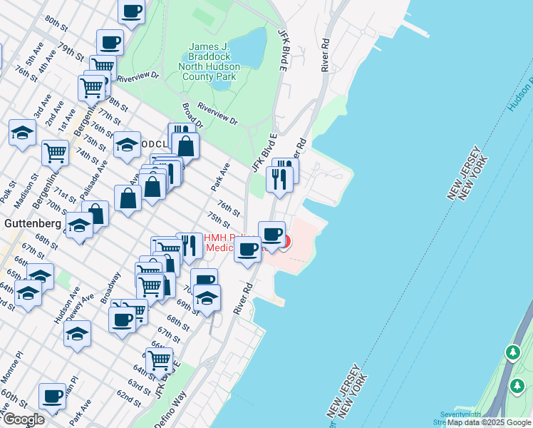 map of restaurants, bars, coffee shops, grocery stores, and more near 7601 River Road in North Bergen