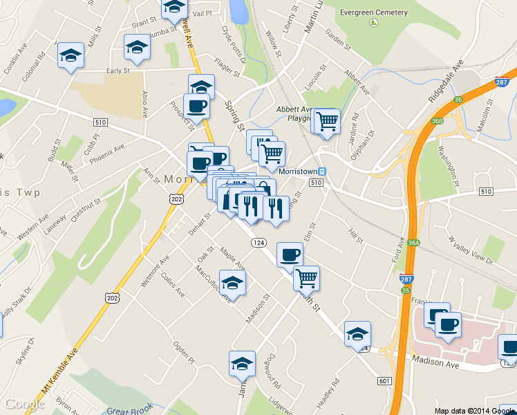 map of restaurants, bars, coffee shops, grocery stores, and more near 20 Pine St in Morristown