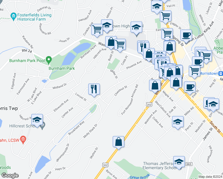 map of restaurants, bars, coffee shops, grocery stores, and more near 88 Western Avenue in Morristown