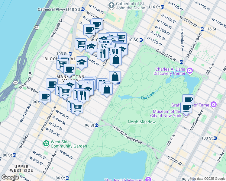map of restaurants, bars, coffee shops, grocery stores, and more near 418 Central Park West in New York