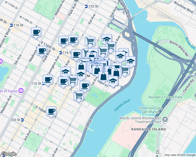 map of restaurants, bars, coffee shops, grocery stores, and more near 414 East 116th Street in New York