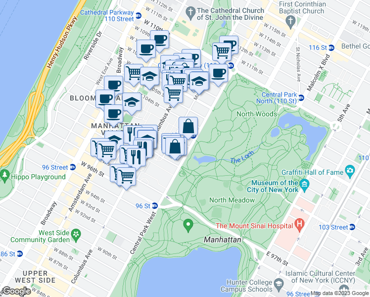 map of restaurants, bars, coffee shops, grocery stores, and more near 2 West 103rd Street in New York
