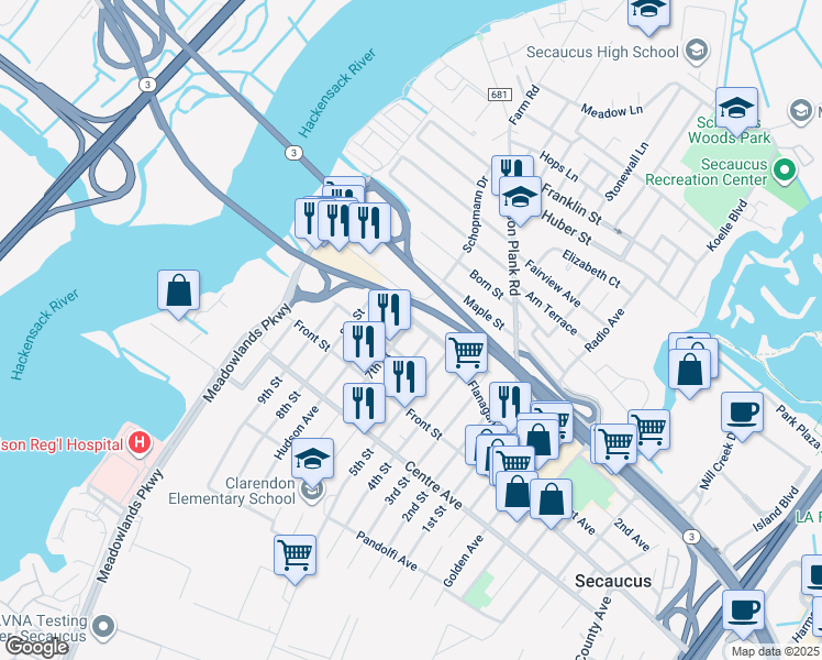 map of restaurants, bars, coffee shops, grocery stores, and more near 856 7th Street in Secaucus
