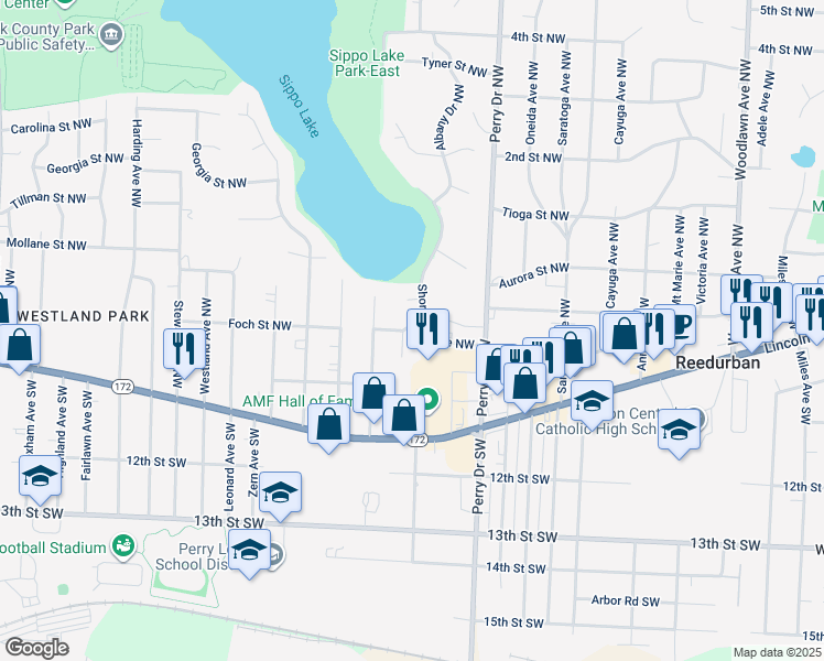 map of restaurants, bars, coffee shops, grocery stores, and more near 4609 Foch Street Northwest in Massillon