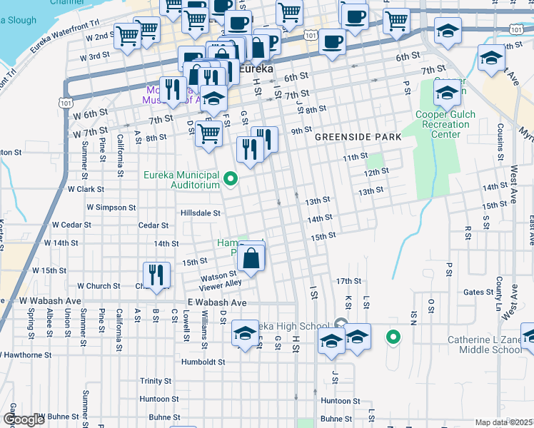 map of restaurants, bars, coffee shops, grocery stores, and more near in Eureka