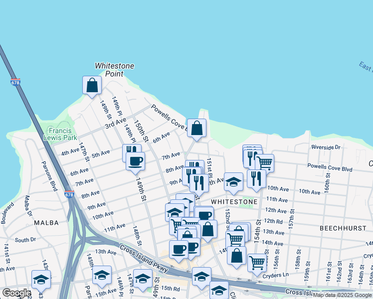 map of restaurants, bars, coffee shops, grocery stores, and more near 6-53 Clintonville Street in Queens