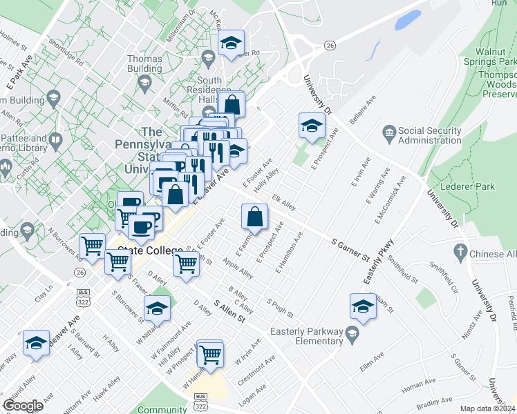 map of restaurants, bars, coffee shops, grocery stores, and more near 351 East Fairmount Avenue in State College