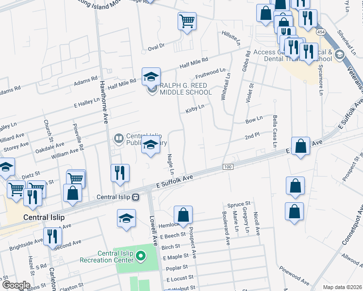 map of restaurants, bars, coffee shops, grocery stores, and more near 158 Dovecote Lane in Central Islip