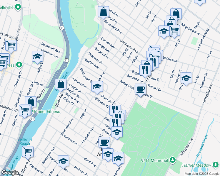 map of restaurants, bars, coffee shops, grocery stores, and more near 6 Allan Drive in North Arlington