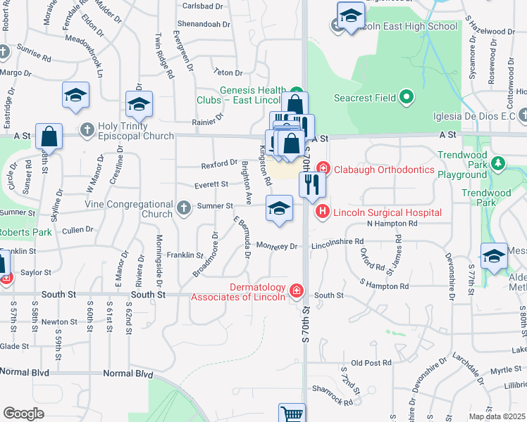 map of restaurants, bars, coffee shops, grocery stores, and more near 6901 Sumner Street in Lincoln