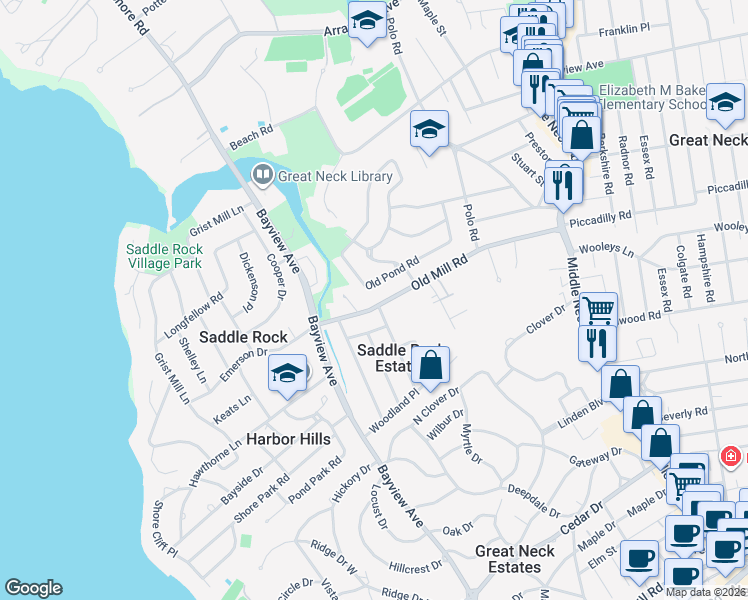 map of restaurants, bars, coffee shops, grocery stores, and more near 113 Old Mill Road in Great Neck