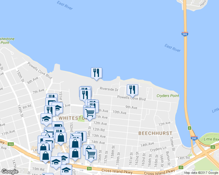 map of restaurants, bars, coffee shops, grocery stores, and more near 154-51 Riverside Drive in Queens