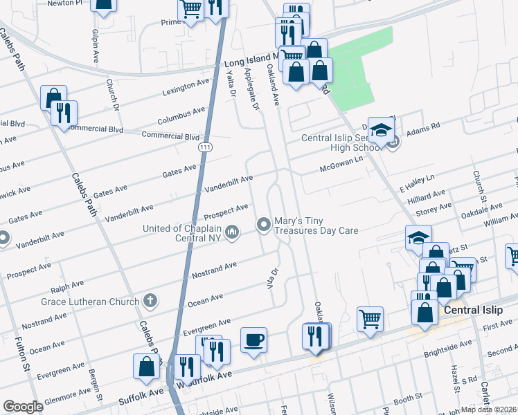 map of restaurants, bars, coffee shops, grocery stores, and more near 19 Birchgrove Drive in Central Islip