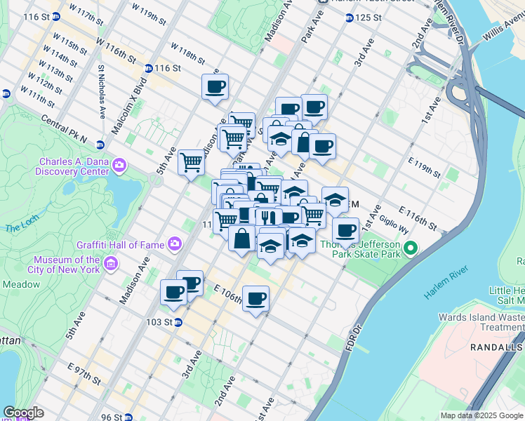 map of restaurants, bars, coffee shops, grocery stores, and more near 172 East 112th Street in New York