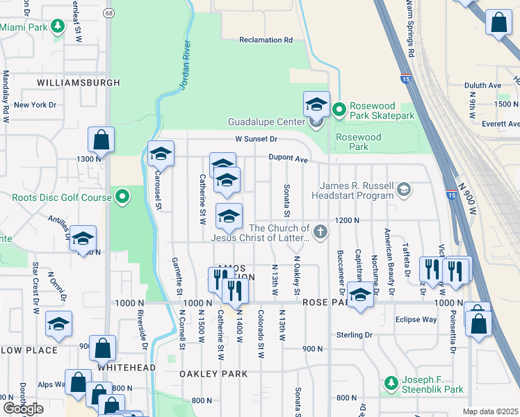 map of restaurants, bars, coffee shops, grocery stores, and more near 1228 Colorado Street West in Salt Lake City