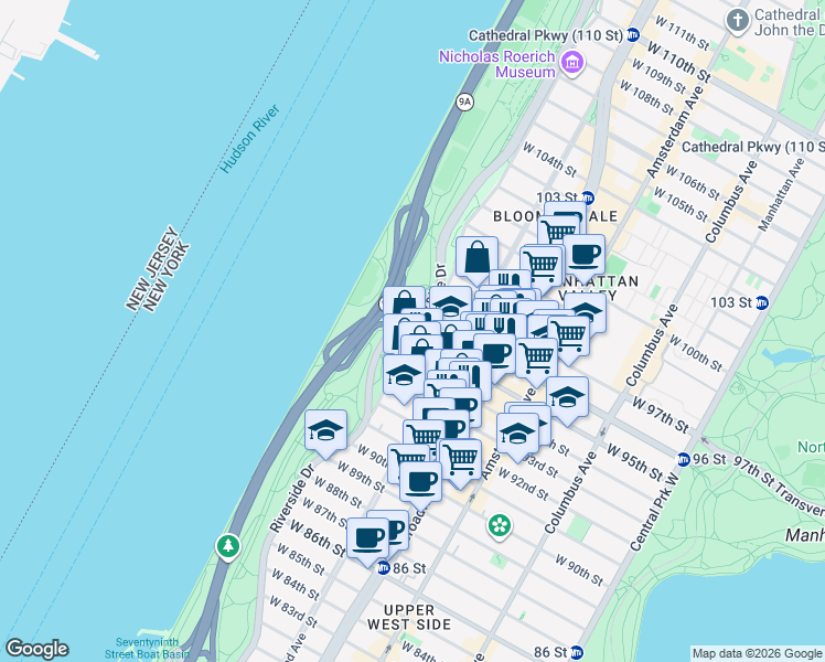 map of restaurants, bars, coffee shops, grocery stores, and more near 230 Riverside Drive in New York