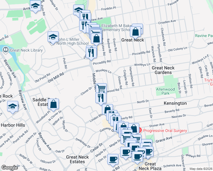 map of restaurants, bars, coffee shops, grocery stores, and more near 8 Berkshire Road in Great Neck