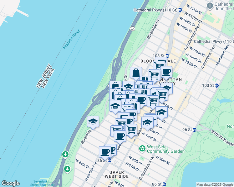 map of restaurants, bars, coffee shops, grocery stores, and more near 230 Riverside Drive in New York