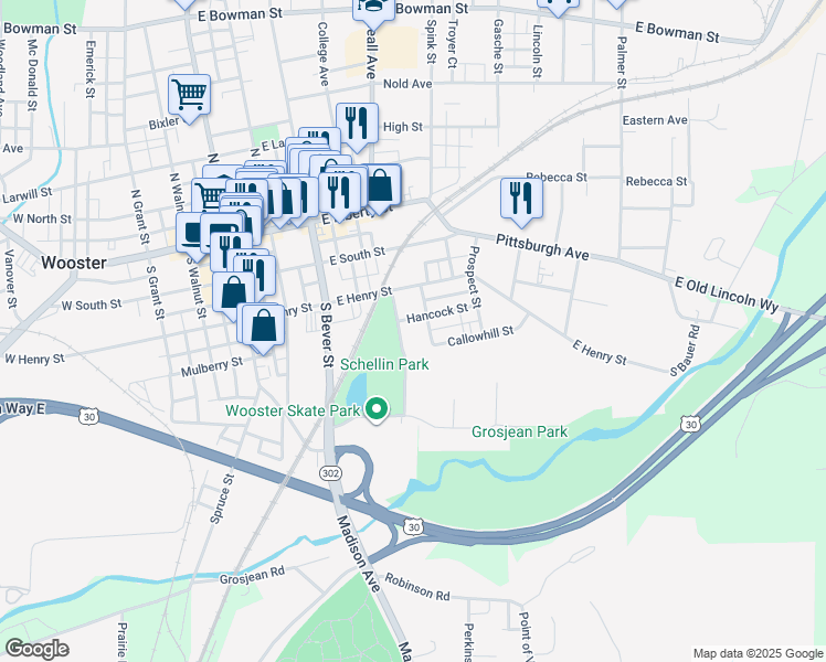 map of restaurants, bars, coffee shops, grocery stores, and more near 519 Hancock Street in Wooster