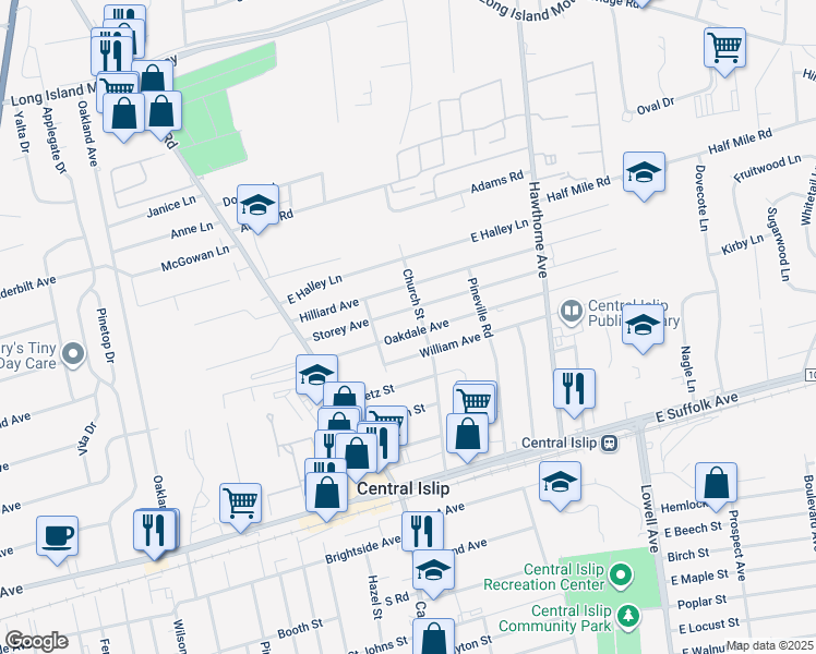 map of restaurants, bars, coffee shops, grocery stores, and more near 23 Oakdale Avenue in Central Islip