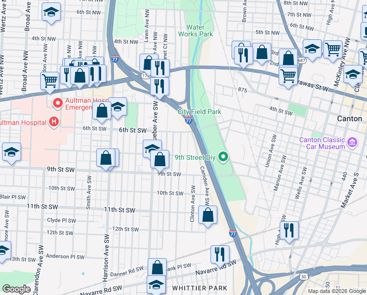 map of restaurants, bars, coffee shops, grocery stores, and more near 630 Prospect Avenue Southwest in Canton