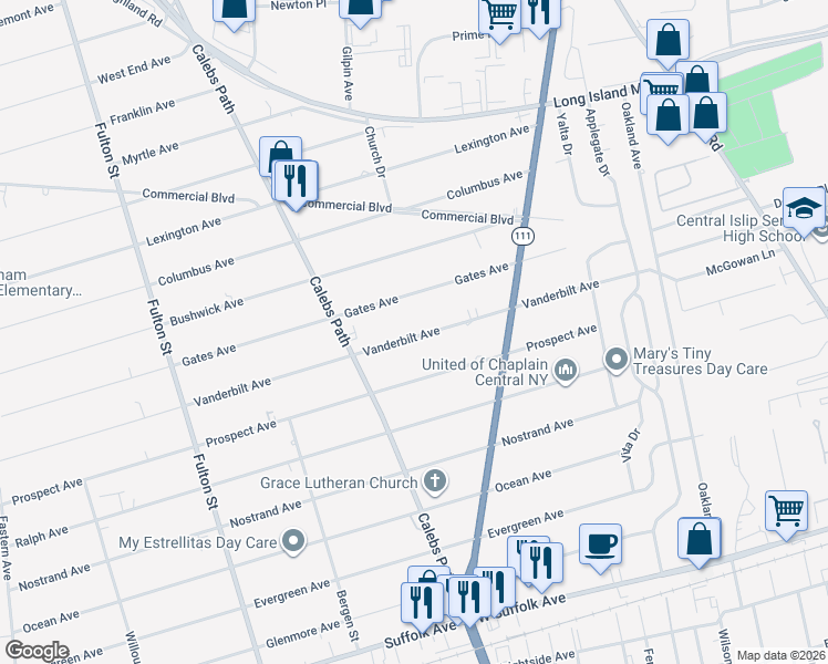map of restaurants, bars, coffee shops, grocery stores, and more near 81 Vanderbilt Avenue in Central Islip
