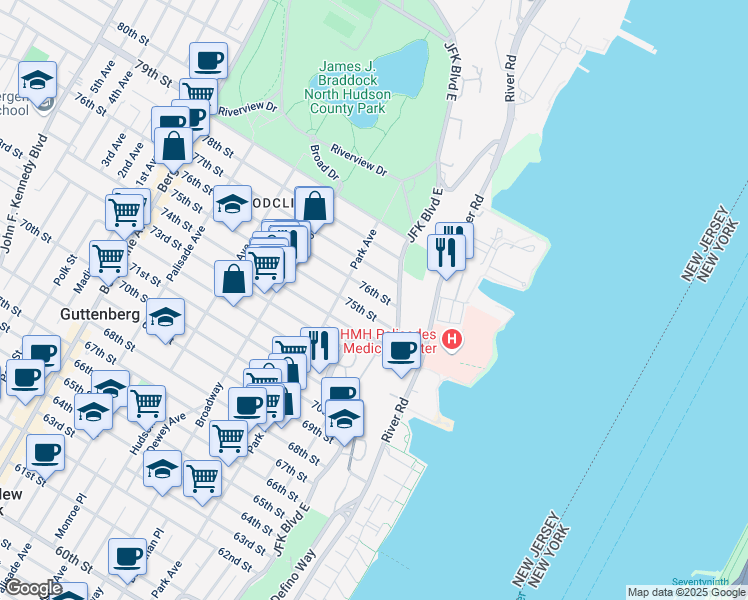 map of restaurants, bars, coffee shops, grocery stores, and more near 11 76th Street in North Bergen