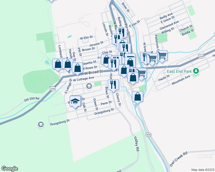 map of restaurants, bars, coffee shops, grocery stores, and more near 63 Bowe Street in Tamaqua