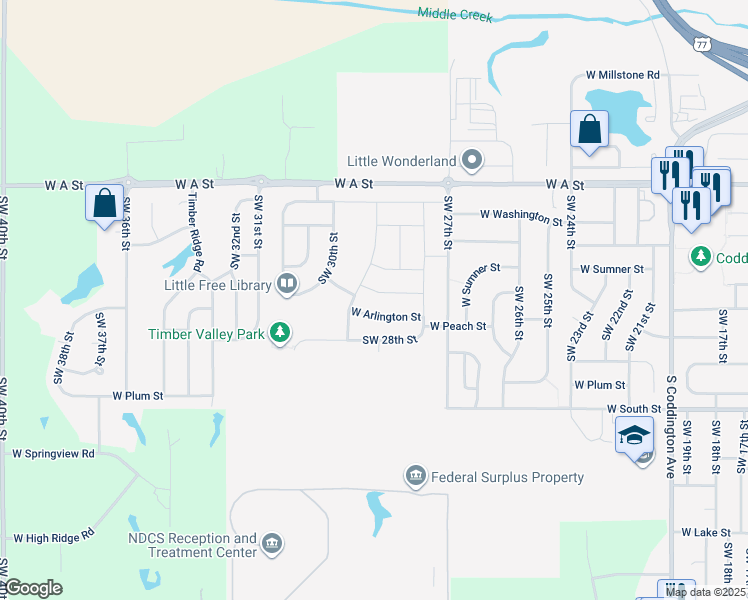map of restaurants, bars, coffee shops, grocery stores, and more near 2907 West Rose Street in Lincoln