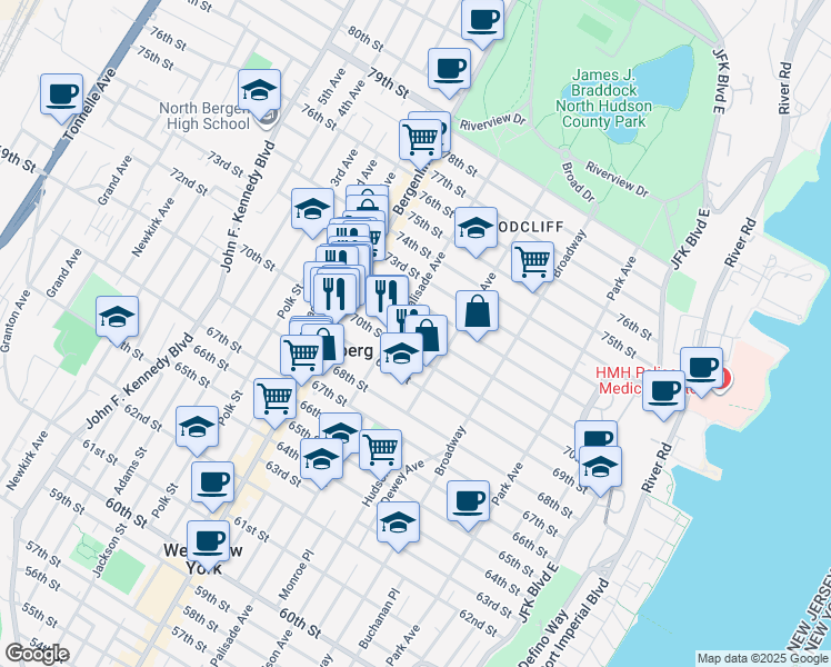 map of restaurants, bars, coffee shops, grocery stores, and more near 327 71st Street in Guttenberg