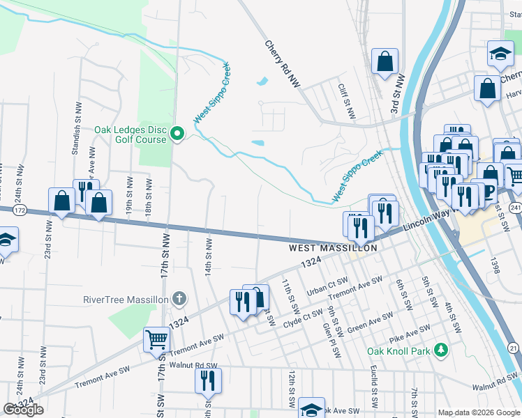 map of restaurants, bars, coffee shops, grocery stores, and more near 400 12th Street Southwest in Massillon