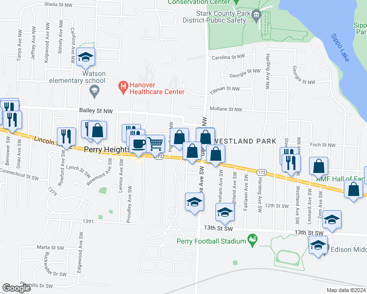 map of restaurants, bars, coffee shops, grocery stores, and more near 3516 Lincoln Way East in Massillon
