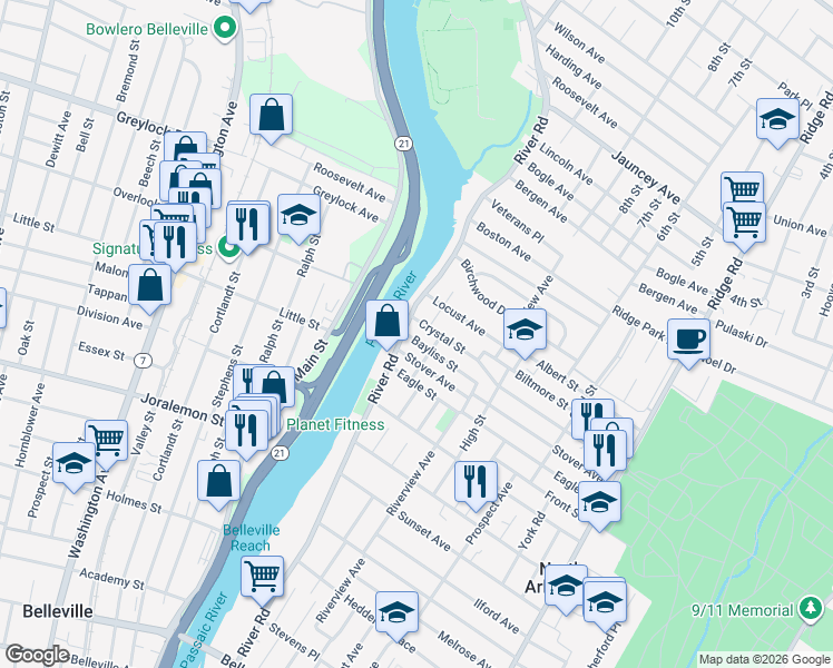map of restaurants, bars, coffee shops, grocery stores, and more near 10 Bayliss Street in North Arlington