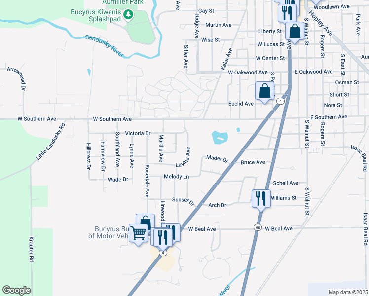 map of restaurants, bars, coffee shops, grocery stores, and more near 1055 Lavina Avenue in Bucyrus