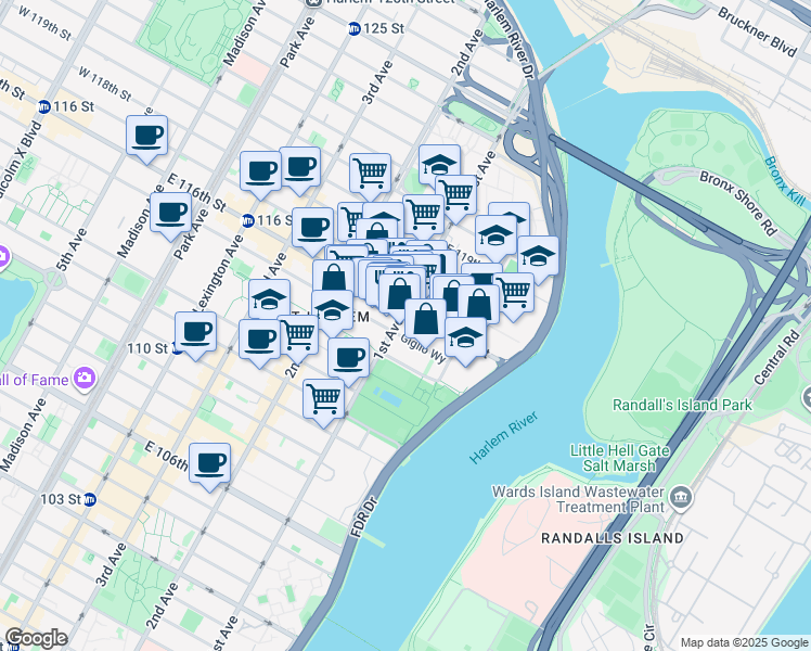 map of restaurants, bars, coffee shops, grocery stores, and more near 414 East 116th Street in New York