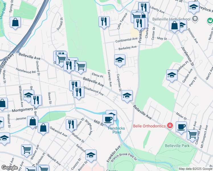 map of restaurants, bars, coffee shops, grocery stores, and more near 646 Belleville Avenue in Belleville