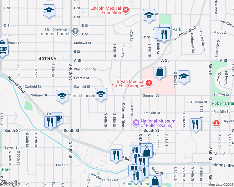 map of restaurants, bars, coffee shops, grocery stores, and more near 4500 Sumner Street in Lincoln