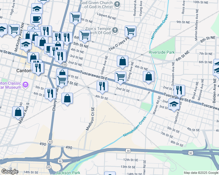 map of restaurants, bars, coffee shops, grocery stores, and more near 1218 2nd Street Southeast in Canton
