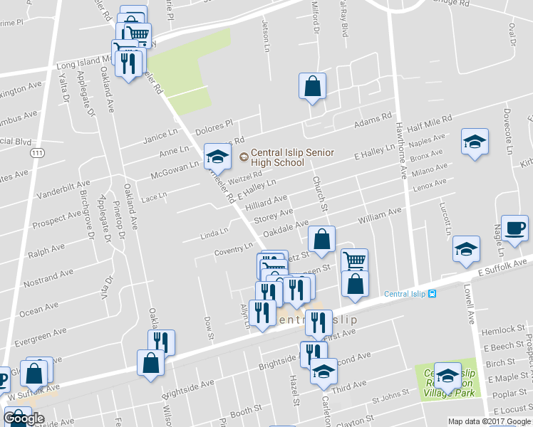 map of restaurants, bars, coffee shops, grocery stores, and more near 6 Storey Avenue in Central Islip