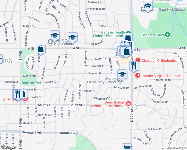 map of restaurants, bars, coffee shops, grocery stores, and more near 6601 Sumner Street in Lincoln