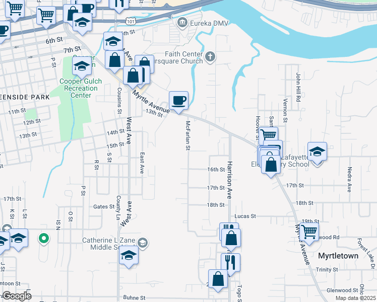 map of restaurants, bars, coffee shops, grocery stores, and more near 2301 15th Street in Eureka