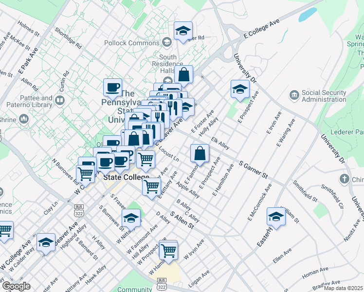 map of restaurants, bars, coffee shops, grocery stores, and more near 331 East Foster Avenue in State College