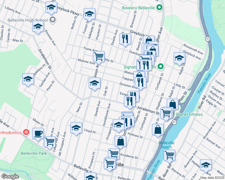 map of restaurants, bars, coffee shops, grocery stores, and more near 31 Linden Avenue in Belleville